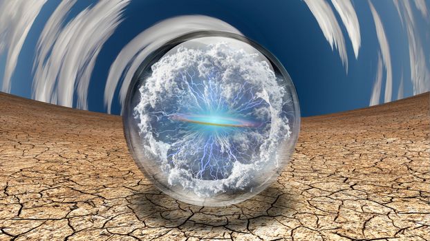 Surrealism. Splash of clouds and lightnings inside crystal ball. Tunnel of clouds. 3D rendering