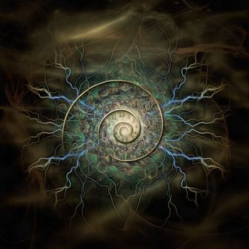 Surreal painting. Spiral of time and lightnings. 3D rendering