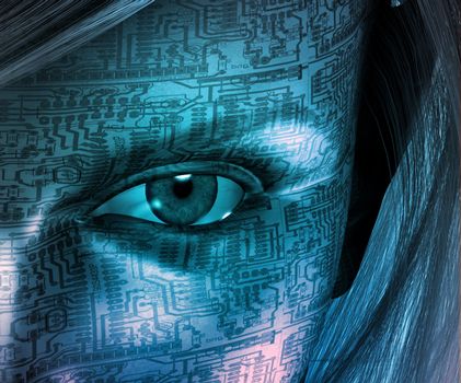 Woman face with electronic circuit pattern. 3D rendering