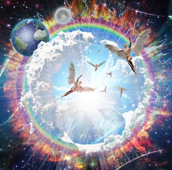 Vivid galaxy. Winged men represents angels. 3D rendering