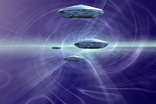 Spaceships in hyperspace. Flying saucers. 3D rendering