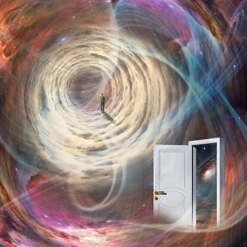 The white door, man in a space tunnel. 3D rendering