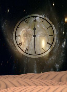 The sands of time. Clockface in the sky. 3D rendering