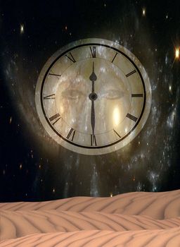 The sands of time. Clockface in the sky. 3D rendering