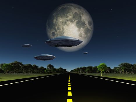 Full moon seen from earth. Flying saucers over the highway. 3D rendering