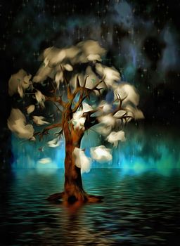 Surreal painting. Old tree with clouds and butterflies on a branches stands in water. 3D rendering