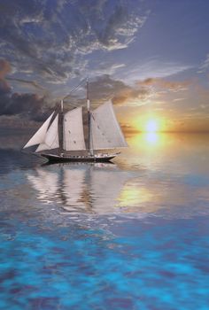 Sunset Cruise. Sailboat floats on calm water. 3D rendering