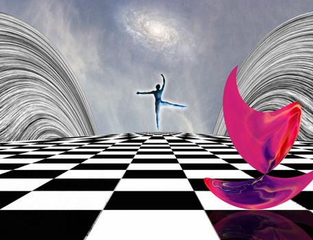 Surreal composition. Pink matter and dancer on chessboard. 3D rendering