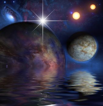 Exosolar Planets Rise over quiet waters. 3D rendering