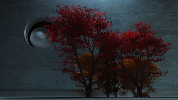 Red trees in cold industrial space. 3D rendering