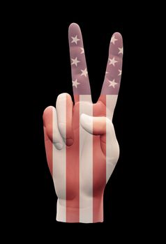 Peace Sign. USA national flag. Hand gesture. 3D rendering