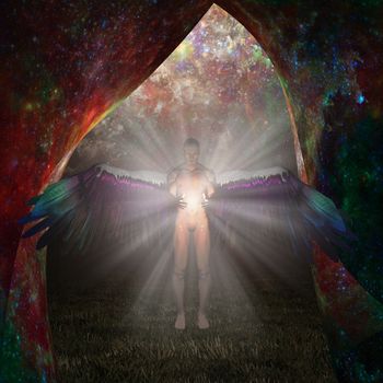 Angel being holds divine light. 3D rendering