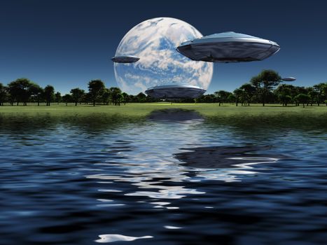 Spacecrafts flies over water surface. Full moon in the sky. 3D rendering