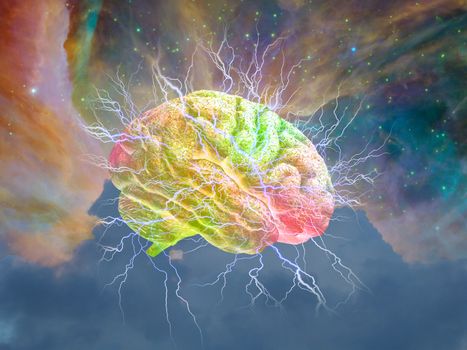 Psychedelic mind emits energy in colorful sky. 3D rendering