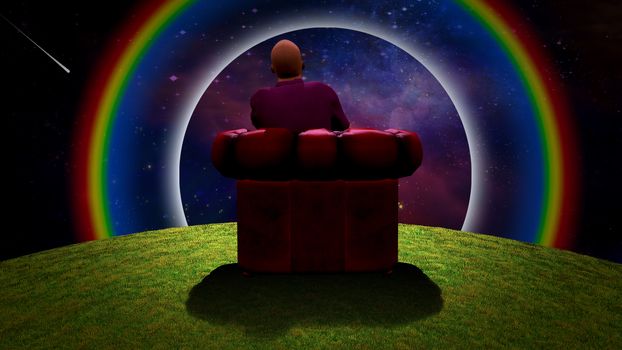Surreal composition. Man sits in red armchair and observes vivid galaxy. 3D rendering