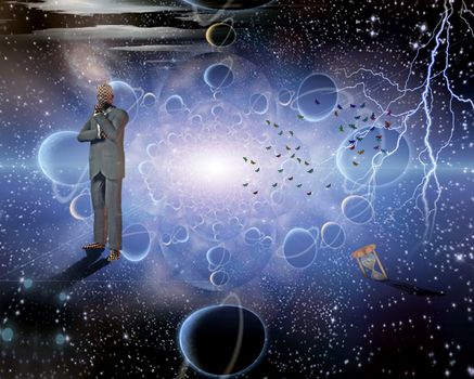 Thinker in space. Man and hourglass in space tunnel. 3D rendering