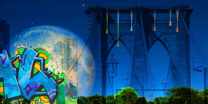 Surreal digital art. Brooklyn bridge on New York's cityscape. Giant moon, pieces of graffiti and paint drops. 3D rendering