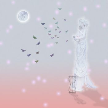 Woman`s marble statue and butterflies. Glowing moon and hourglass. 3D rendering
