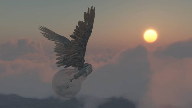 Winged light bulb flies in clouds. 3D rendering