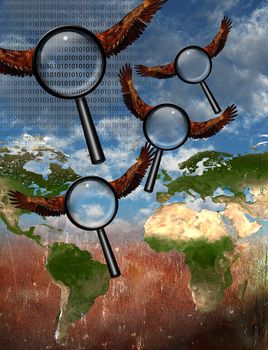 Internet search. Winged magnifying glasses flies over the Earth. 3D rendering