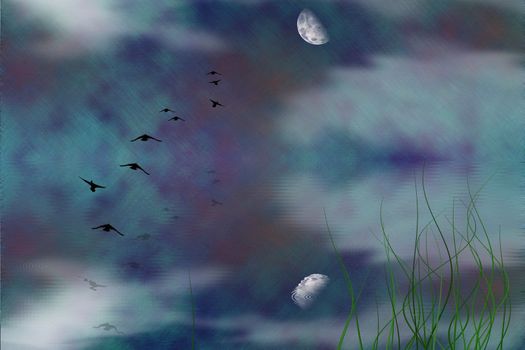 Painterly marsh landscape under moon and flying birds. 3D rendering