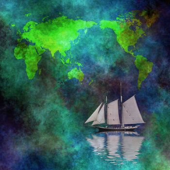 Sailboat and world map. 3D rendering