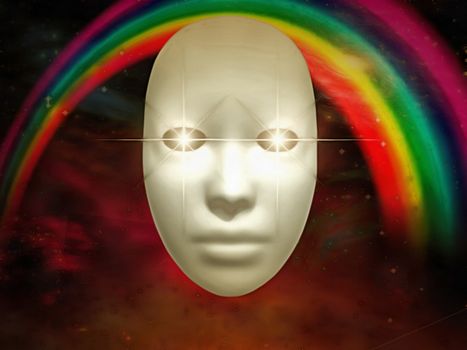 Surreal painting. White mask with rainbow on a background.