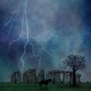 Black horse near The Stonehenge. 3D rendering