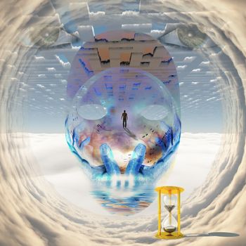 Man in clouds tunnel, God's face. 3D rendering