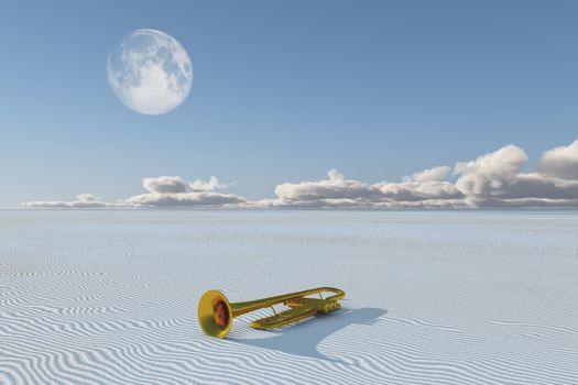 Shiny trumpet in desert. 3D rendering