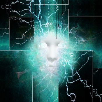 Ghost face emits energy or lightnings. 3D rendering