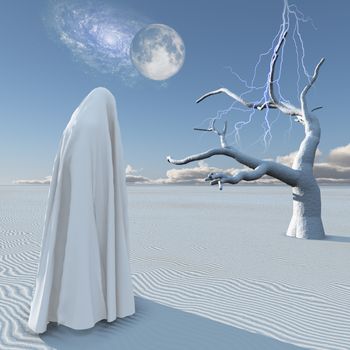 Figure in white clothes stands in surreal white desert. Planet Zen. 3D rendering