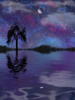 Black tree and purple sky. 3D rendering