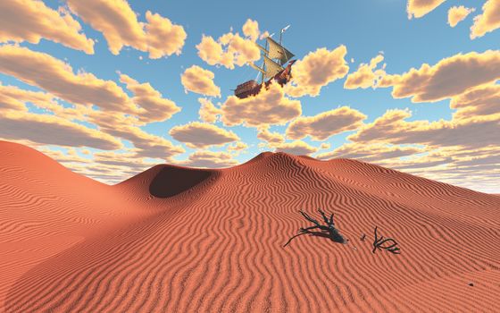 Ship in clouds above desert. 3D rendering