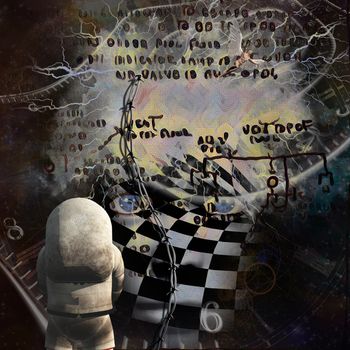 Surrealism. Spirals of time and warped space. Astronaut. Checkered womans face with lightnings in deep space. 3D rendering