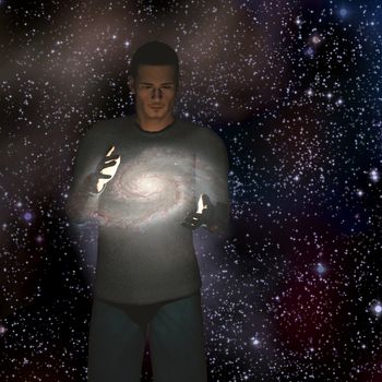 Man holds galaxy between his hands. 3D rendering