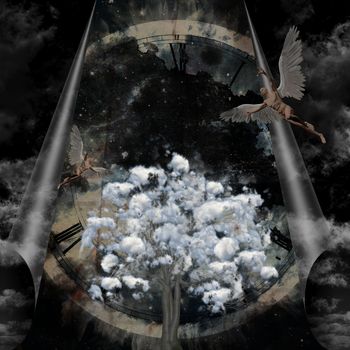 Portal of time. Clouds on a tree, angels in surreal sky. 3D rendering