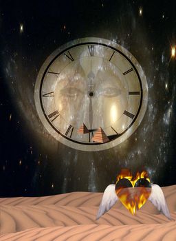 Sands of Eternity. Surreal scene with burning heart and clockface. 3D rendering
