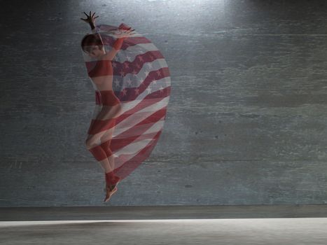 Action girl with transparent USA cloth. 3D rendering