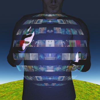 Man intereacts with video sphere display. 3D rendering