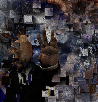 Surreal digital art. Faceless man in suit with eye on his palm. Picture is composed entirely of the words. 3D rendering