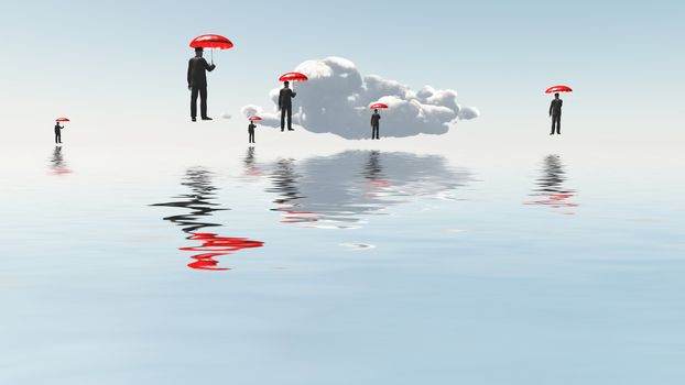 Men with red umbrellas floats above water surface