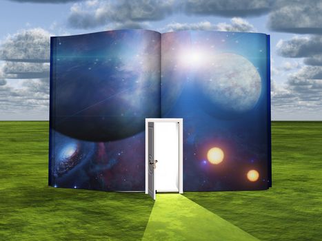 Book with science fiction scene and open doorway of light. 3D rendering