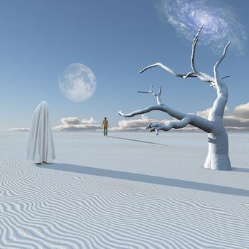 Figure in white cloth stands in surreal white desert. Lonely man in a distance. Planet Zen