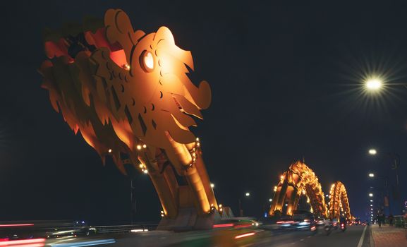 Dragon bridge night light in danang, vietnam 