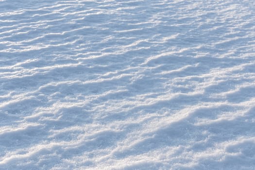 closeup snow field background with selective focus under direct evenong sunlight.
