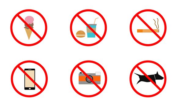 No smoking, No cell phone, No dogs and No eating prohibited signs isolated on white background, Signs forbidding different actions in various places. Signs are located on a white background. Vector.