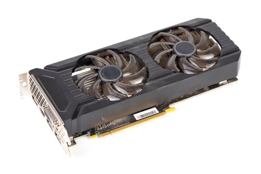 Used and dusty black PC video card isolated on white background.