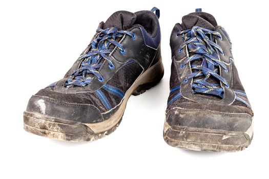 dirty used worn out black and blue outdoor empty clean lightweight waterproof sneakers isolated on white background