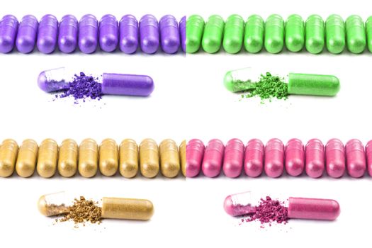 set of colored olor organic capsules isolated on white background closeup with one opened.